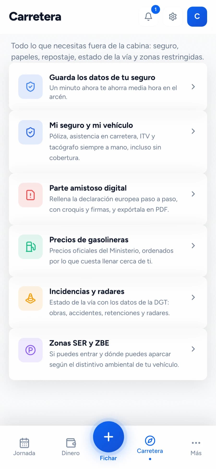Pantalla Carretera con acceso a seguro, parte amistoso, gasolineras, incidencias y zonas
